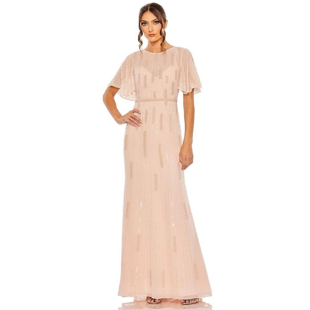 NWT Mac Duggal Beaded Embellished Flutter Sleeve Evening Gown - Sz 18 Blush Pink